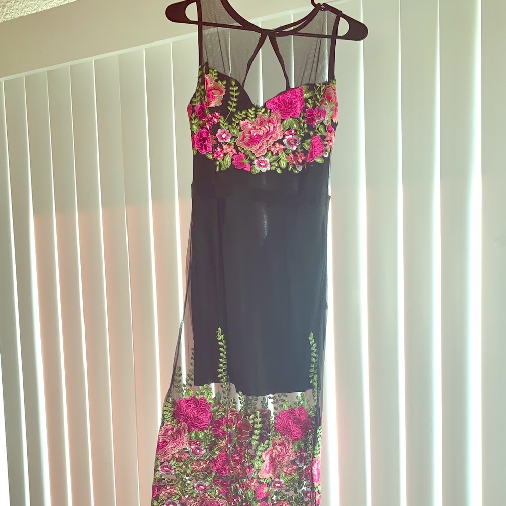 Black floral mesh long dress!